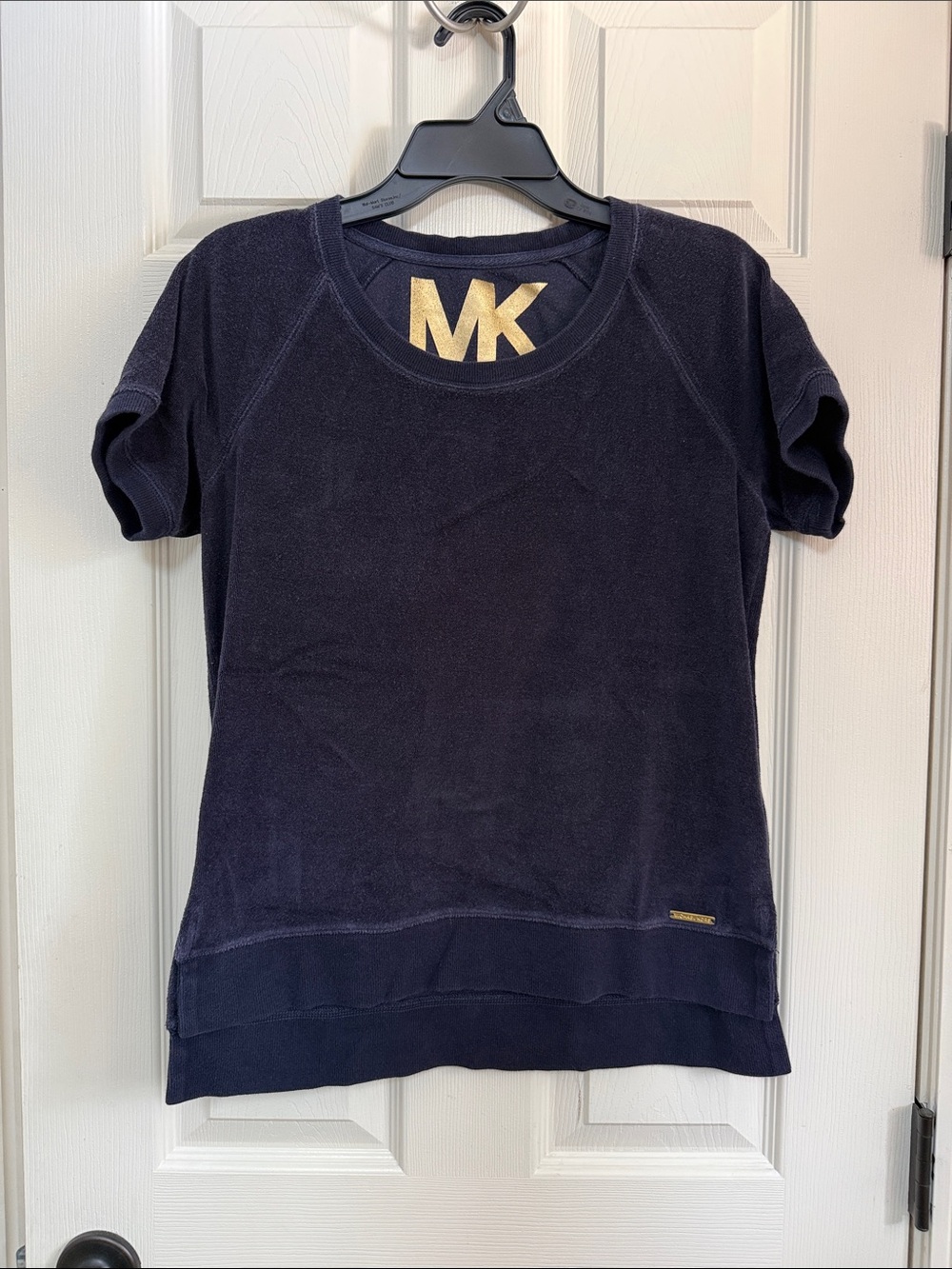Michael Kors Navy Short Sleeve Terry Top with Gold MK Detail on the inside